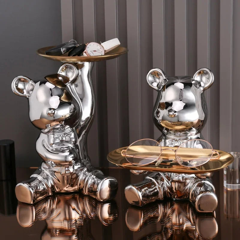 Estatueta Decorativa de Urso com Bandeja - Armazenamento Elegante