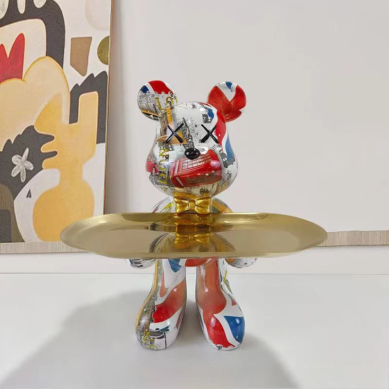 Estatueta Decorativa de Urso Graffiti com Prato Multiuso