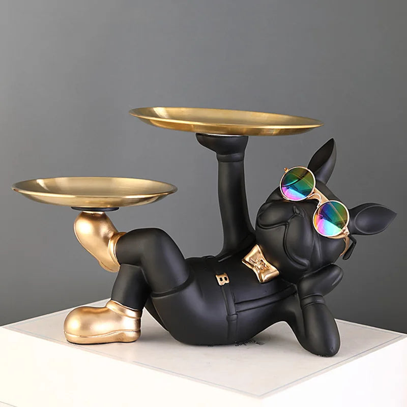 Decoração Estilosa: Estatueta Bulldog com Bandejas