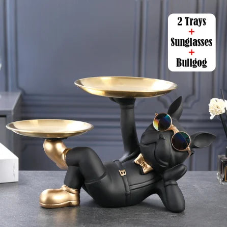 Decoração Estilosa: Estatueta Bulldog com Bandejas