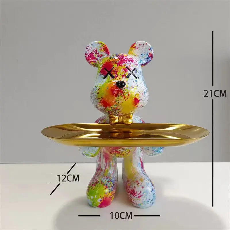Estatueta Decorativa de Urso Graffiti com Prato Multiuso
