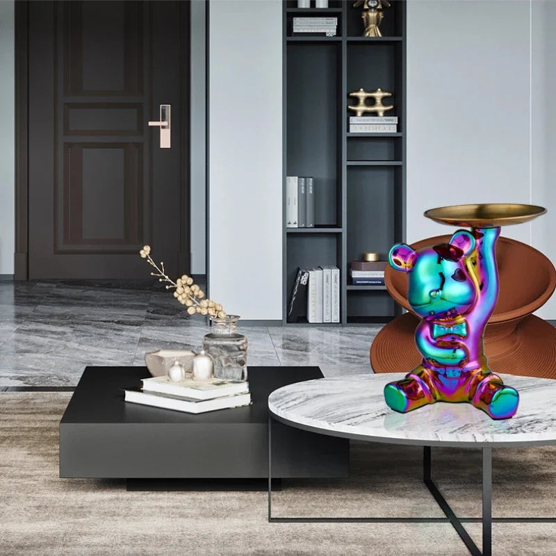 Estatueta Decorativa de Urso com Bandeja - Armazenamento Elegante