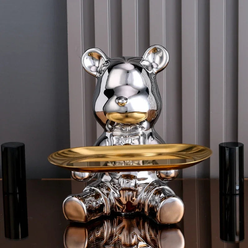 Estatueta Decorativa de Urso com Bandeja - Armazenamento Elegante