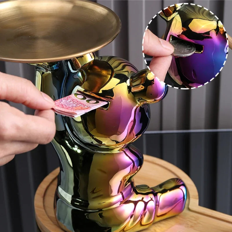 Estatueta Decorativa de Urso com Bandeja - Armazenamento Elegante