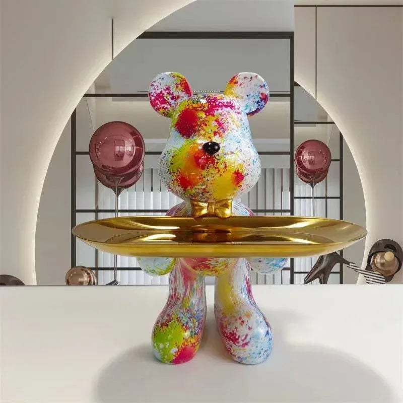 Estatueta Decorativa de Urso Graffiti com Prato Multiuso