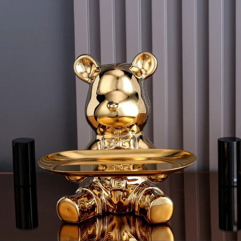 Estatueta Decorativa de Urso com Bandeja - Armazenamento Elegante