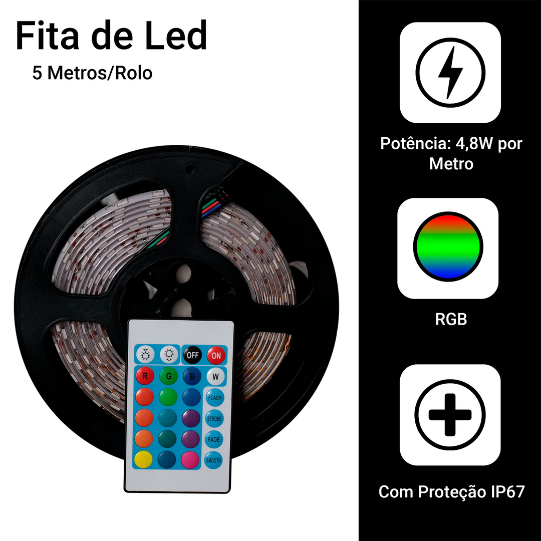 Fita LED RGB 5050 5m IP65 - Iluminação Vibrante e Controle Completo Loja Salve Decor